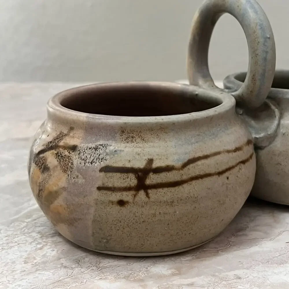 Studio Art Pottery Two Bowl Condiment Dish With Handle Stoneware Muted Colors